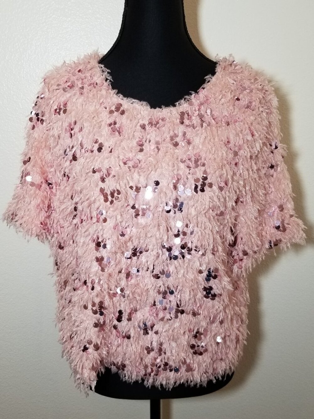 Cocobleu NewYork Womens M Pink Short Sleeve Fuzzy Sequin Top Festival Club NWOT